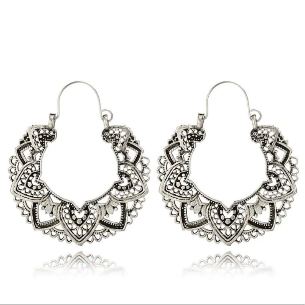 Silver Dangle Hoop Hook Clasp Earrings • Totem Petal Cut Out Design